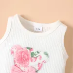 2pcs Baby Girl 95% Cotton Bow Decor Bear Embroidered Tank Bodysuit and Floral Print Shorts Set White image 3