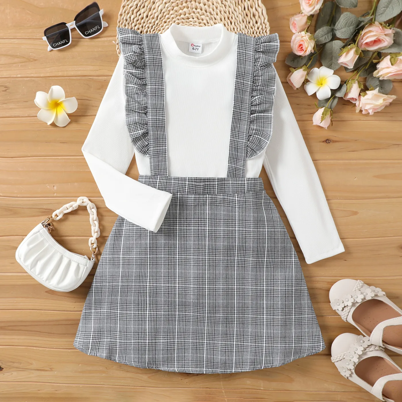 2pcs Kid Girl Long-sleeve Top and Ruffled Houndstooth Suspender Skirt Set 