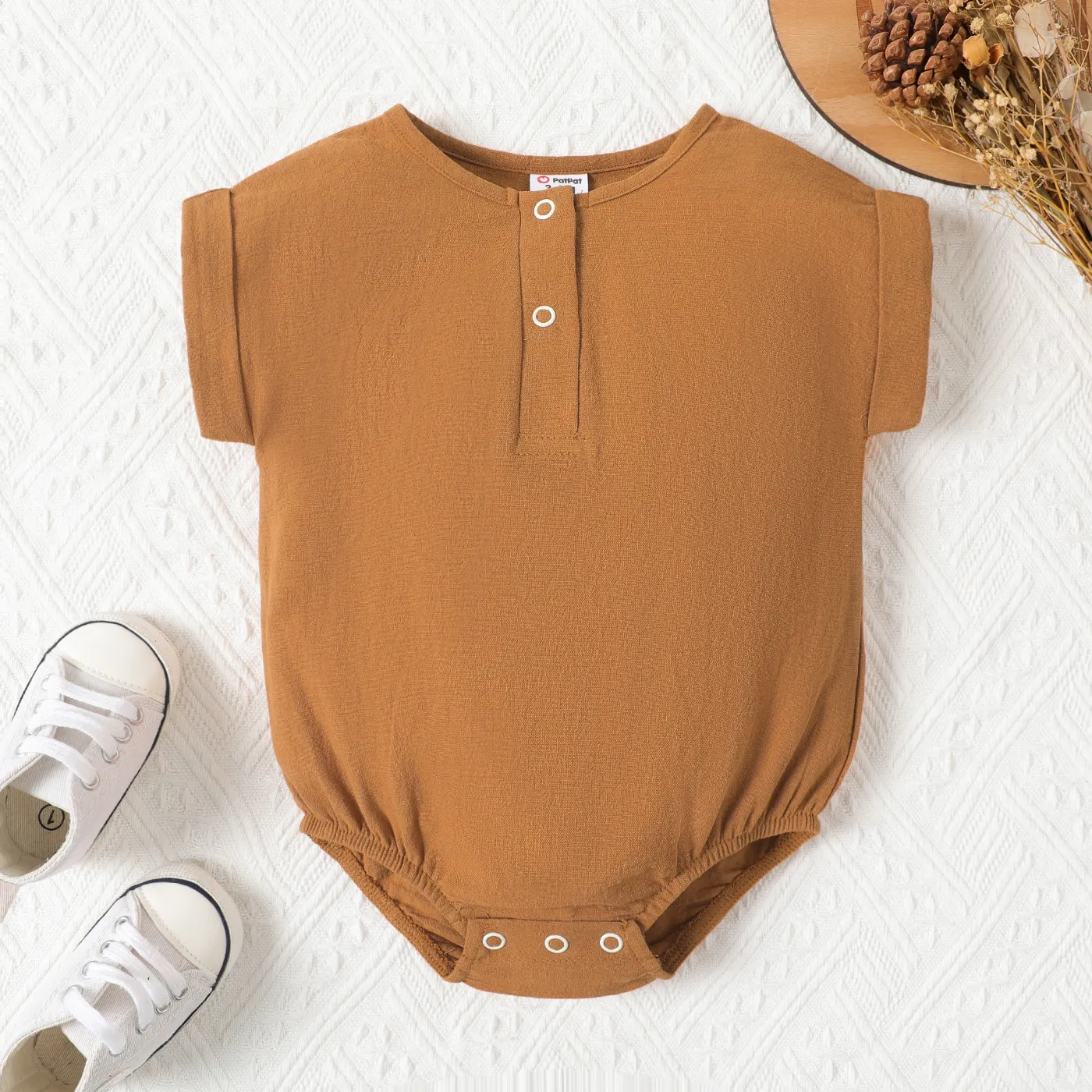 Baby Boy/Girl 100% Cotton Front Buttons Solid Short-sleeve Romper YellowBrown