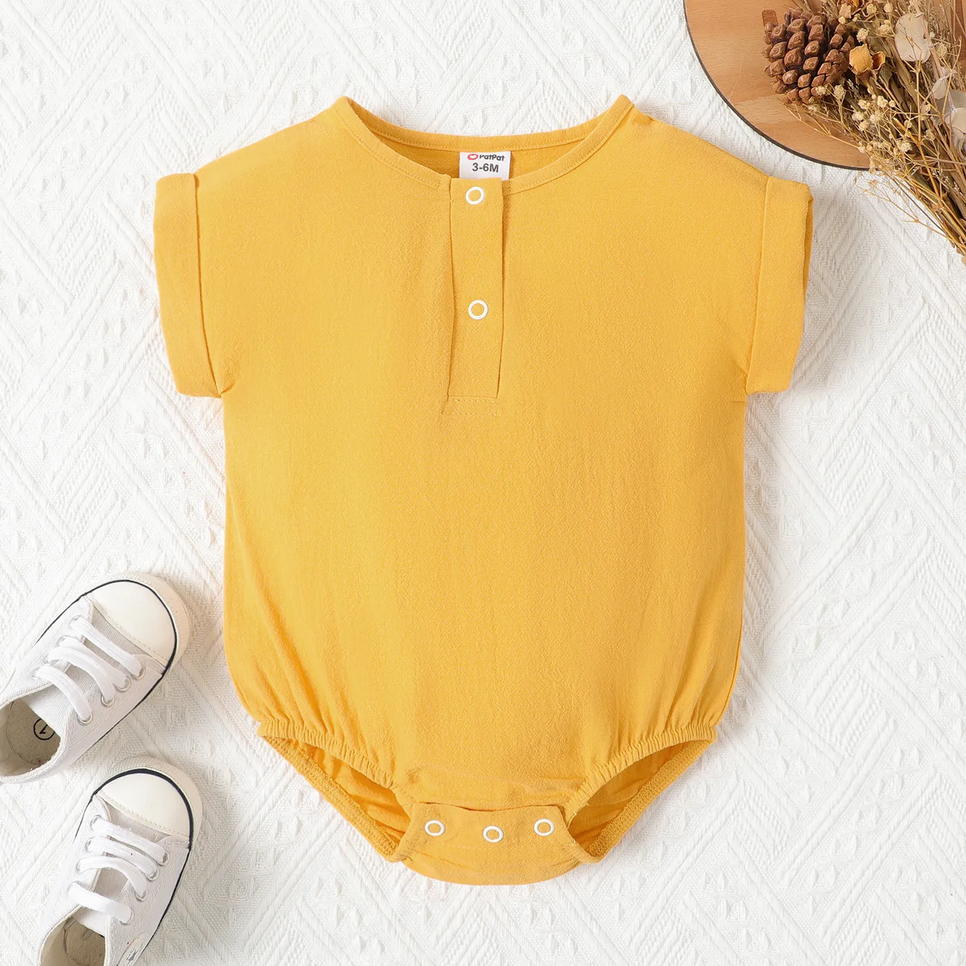 Baby Boy/Girl 100% Cotton Front Buttons Solid Short-sleeve Romper KHAKI- big image 1