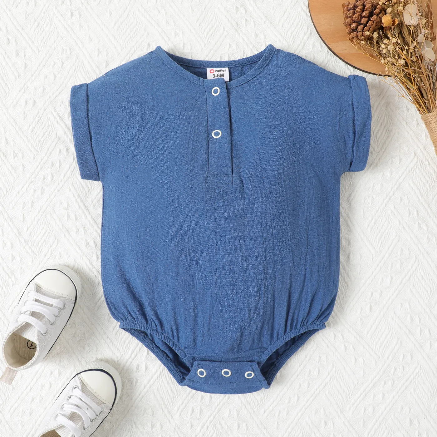 Baby Boy/Girl 100% Cotton Front Buttons Solid Short-sleeve Romper Deep Blue