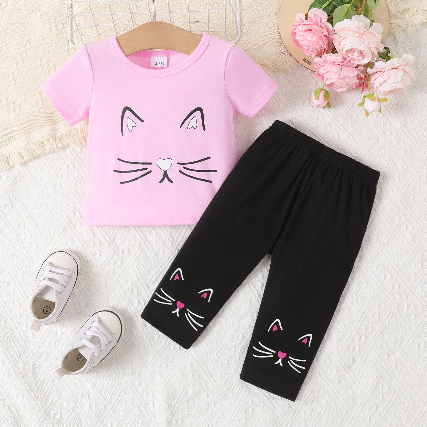 2Pcs Baby Girl Cat Print Short-Sleeve Tee And Pants Set