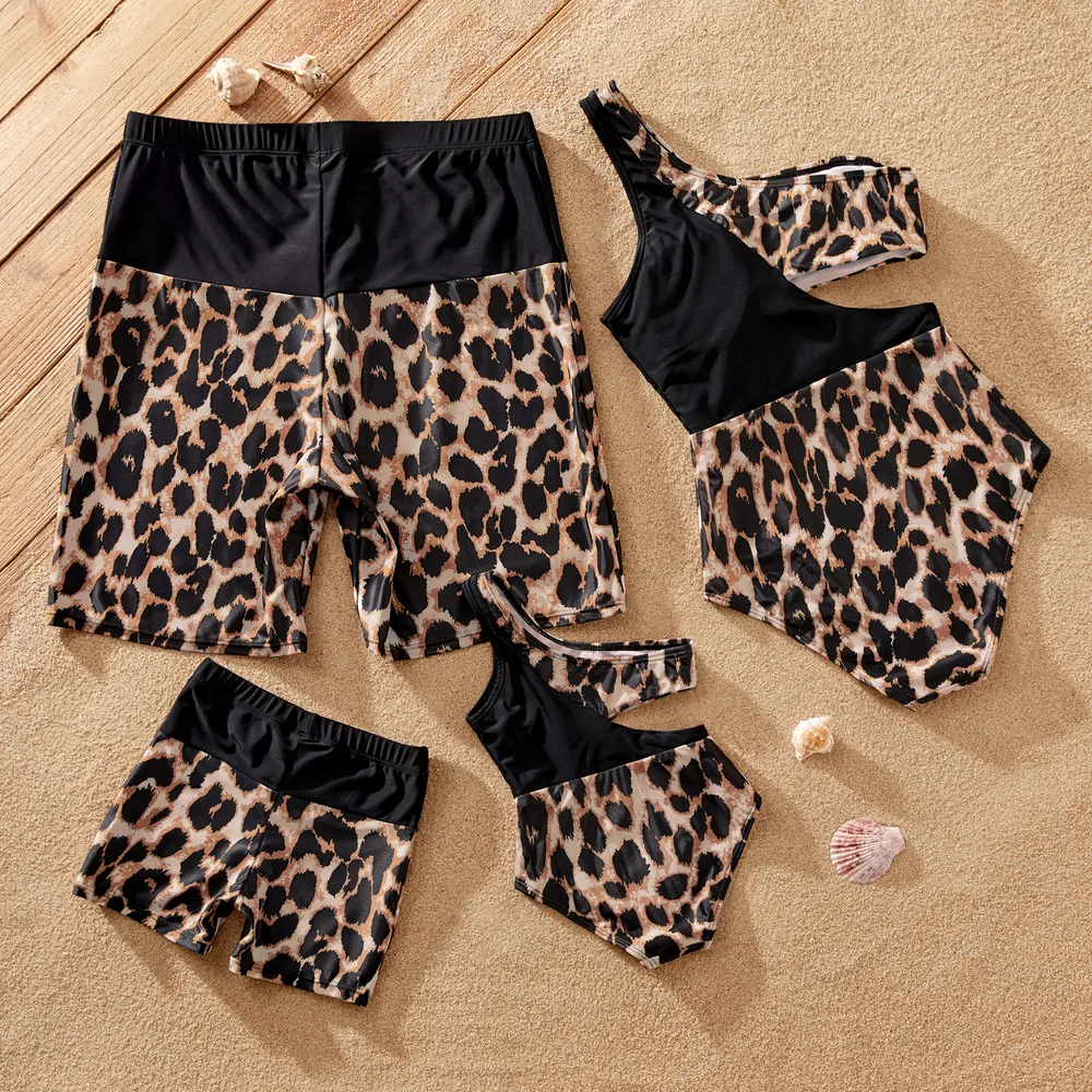 Family Matching Leopard Panel Cut Out Waist One-Shoulder One Piece Swimsuit or Swim Trunks Shorts  big image 3