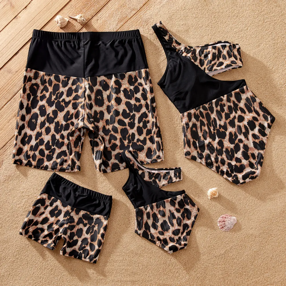 Family Matching Leopard Panel Cut Out Waist One-Shoulder One Piece Swimsuit or Swim Trunks Shorts big image 3