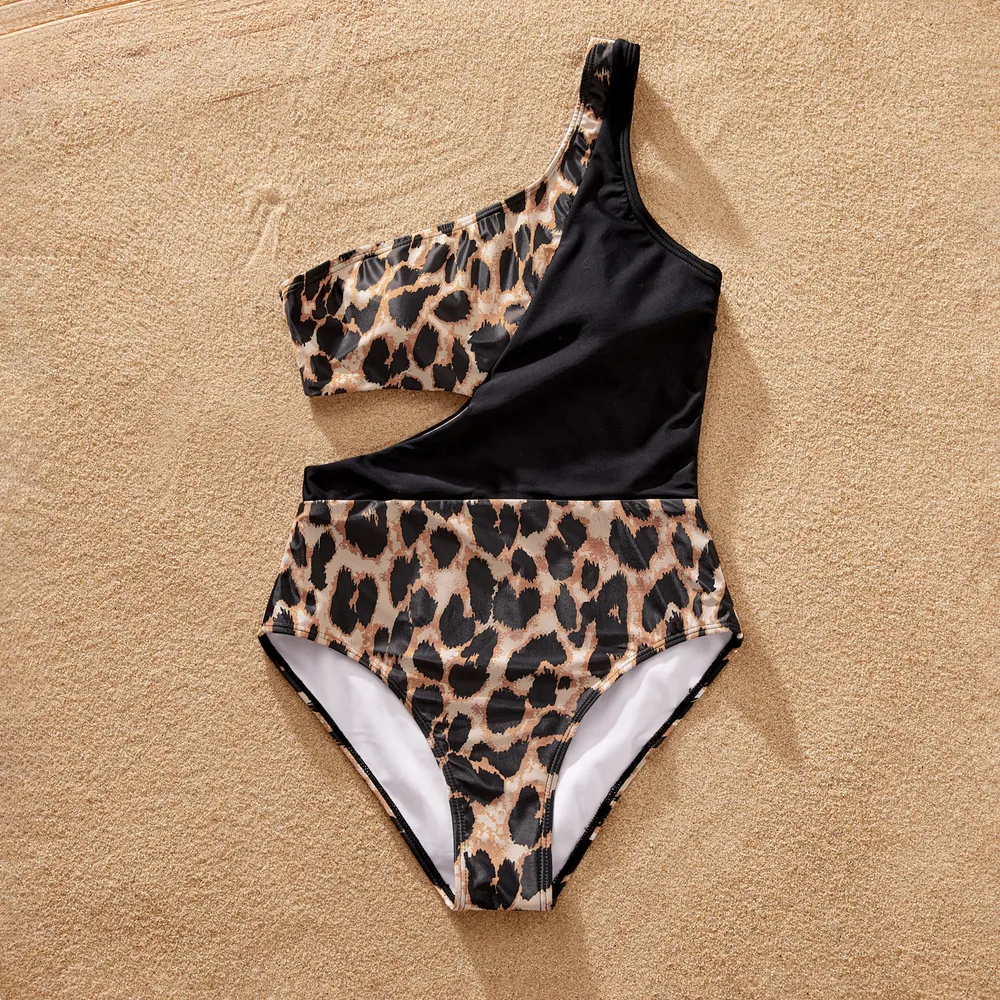 Family Matching Leopard Panel Cut Out Waist One-Shoulder One Piece Swimsuit or Swim Trunks Shorts  big image 9