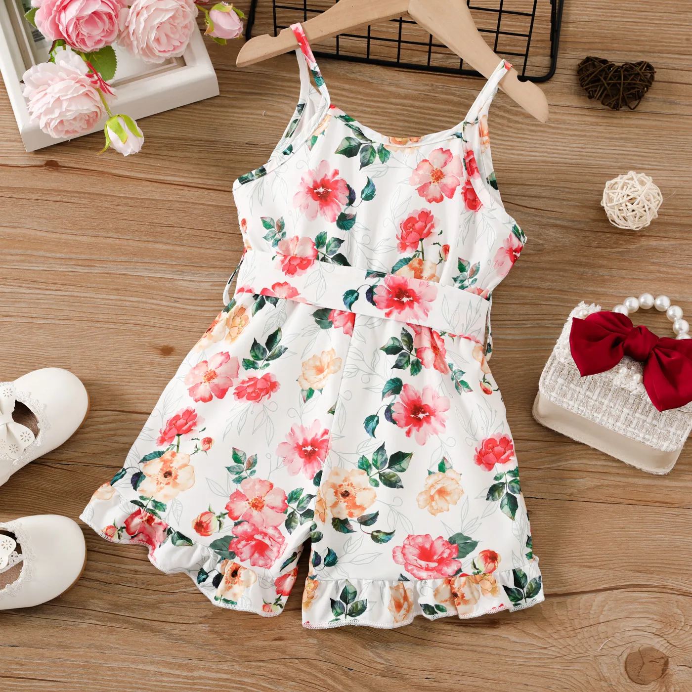 Toddler Girl Allover Floral Print Belted Cami Romper  White image 2