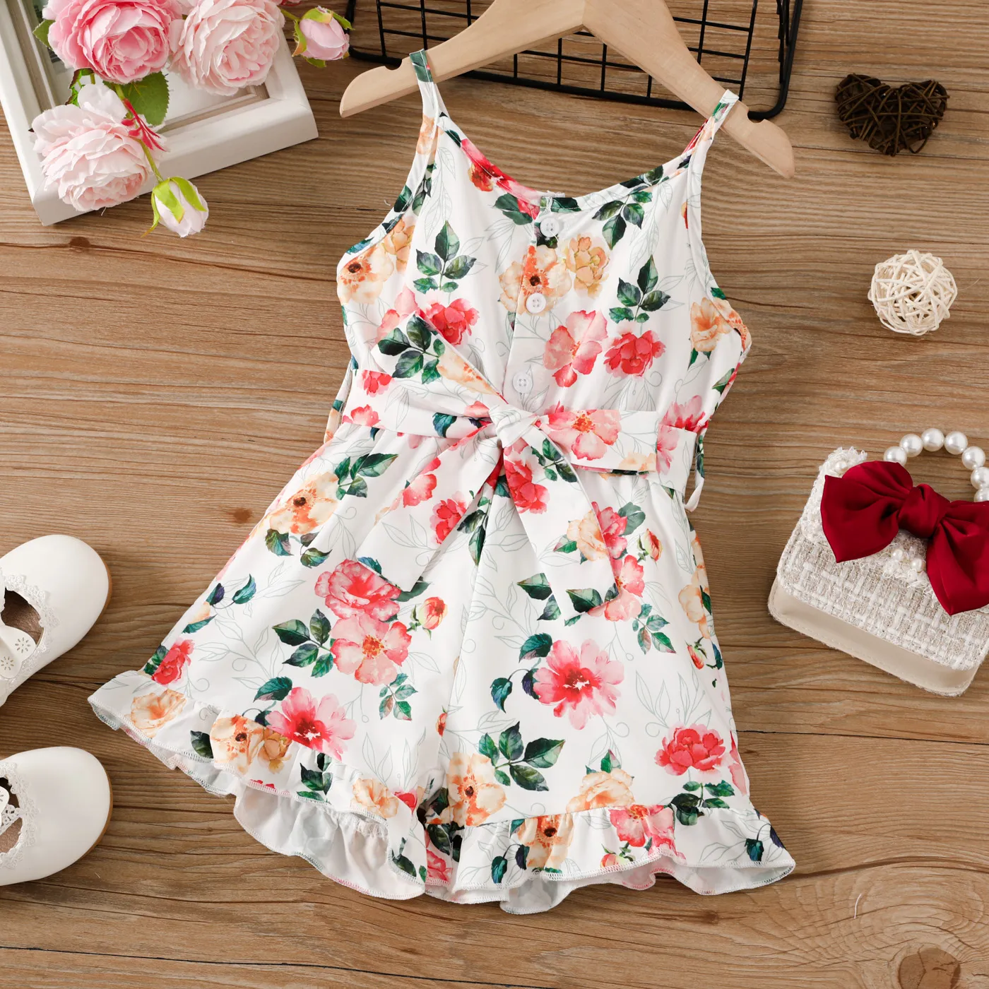 Toddler Girl Allover Floral Print Belted Cami Romper  White big image 1