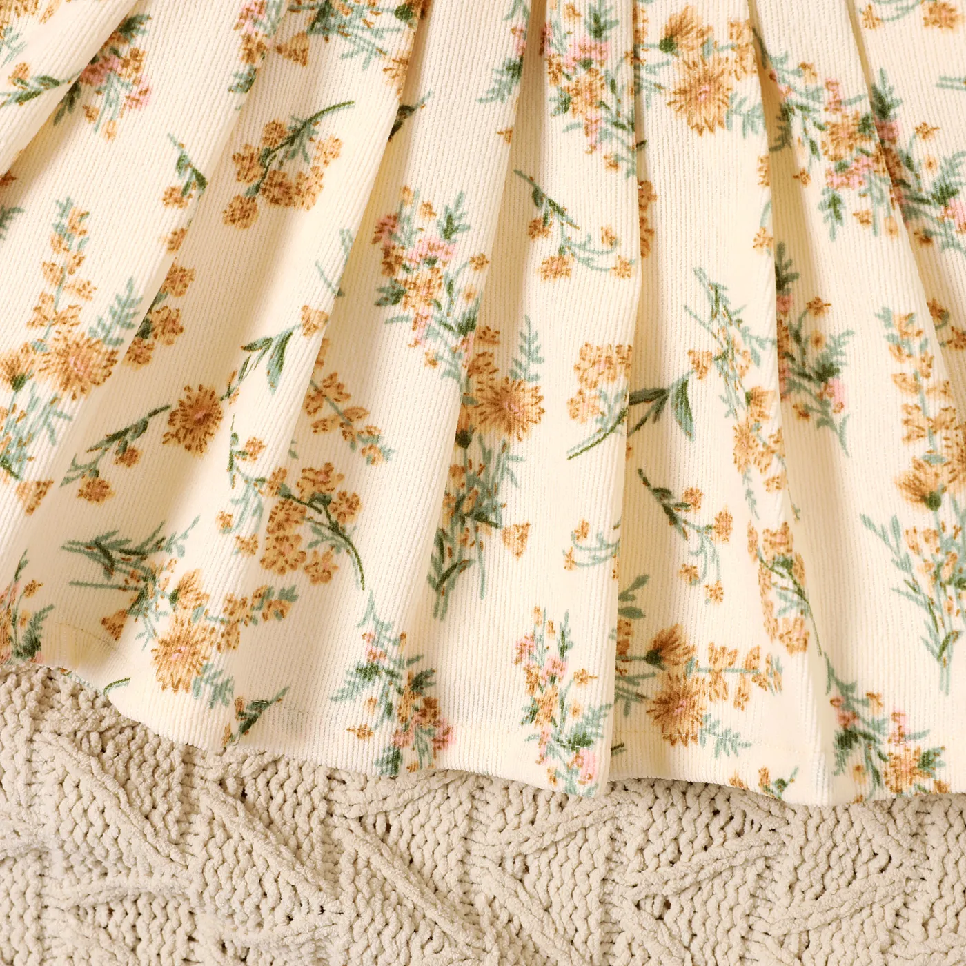 2pcs Toddler Girl Ribbed Ruffle Long-sleeve Solid Top and Belted Allover Floral Print Skirt Set Apricot image 5