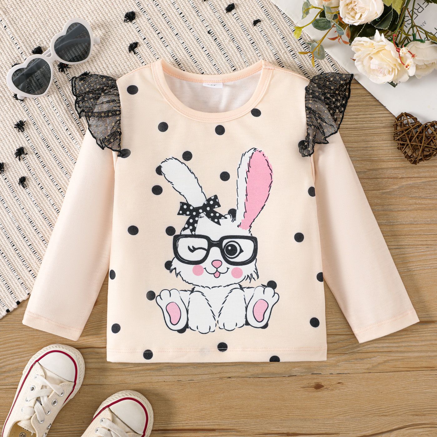 

Toddler Girl Animal & Polka Dots Print Mesh Trim Long-sleeve Tee