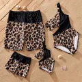 Family Matching Leopard Panel Cut Out Waist One-Shoulder One Piece Swimsuit or Swim Trunks Shorts  image 2