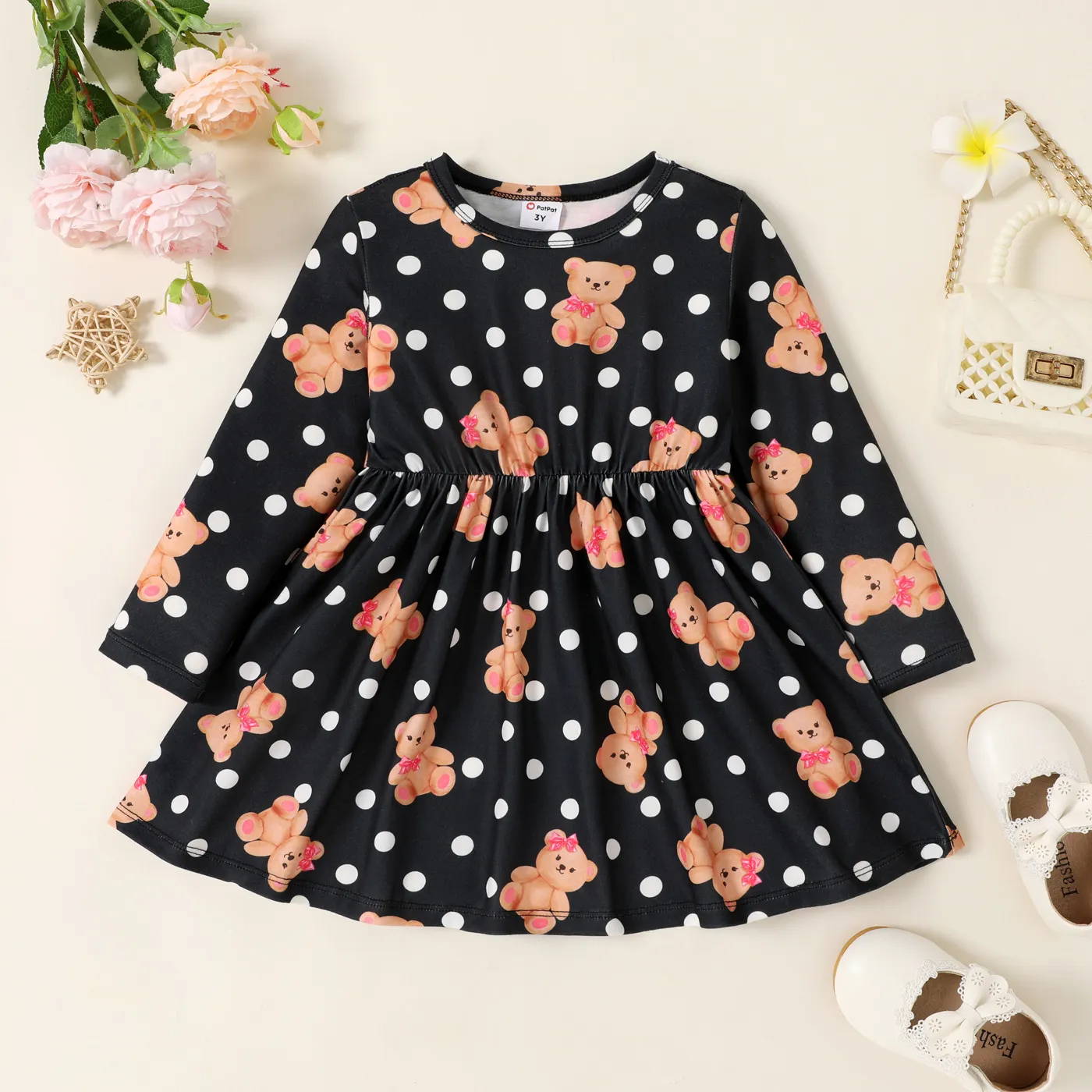 Toddler Girl Bear & Polka Dots Print Long-sleeve Dress