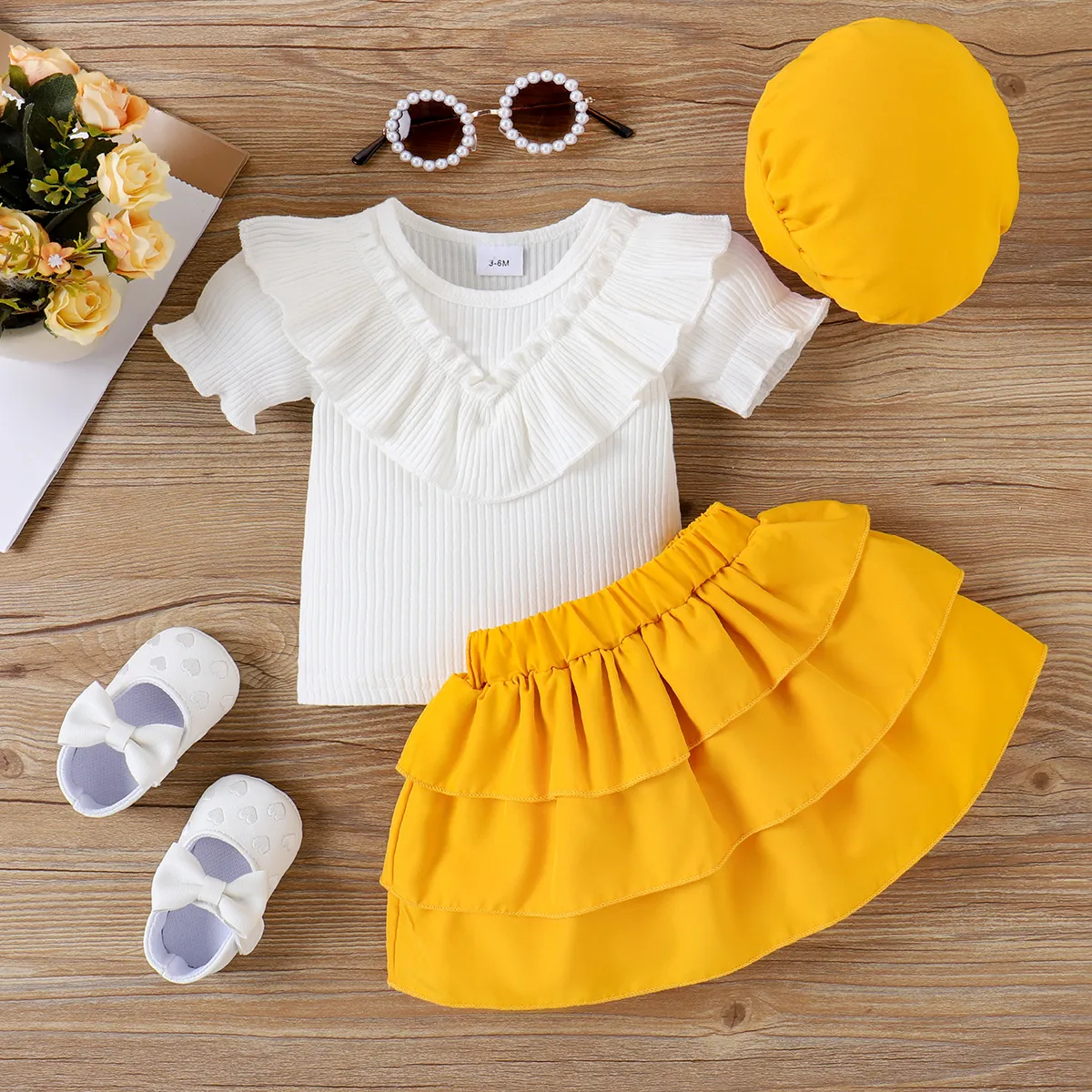 

3pcs Baby Girl 95% Cotton Ruffled Rib-knit Top & Layered Skirt & Hat Set