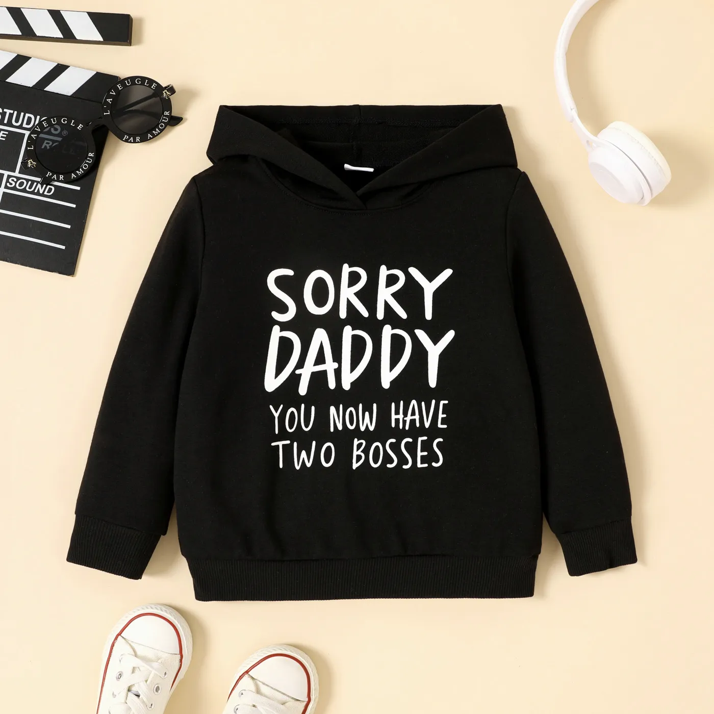 Toddler Boy/Girl Letters Print Long-sleeve Hooded Sweatshirt  Black