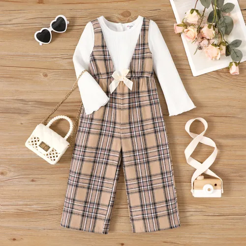 Toddler Girl Ribbed Plaid Bow Decor Long-sleeve Jumpsuit