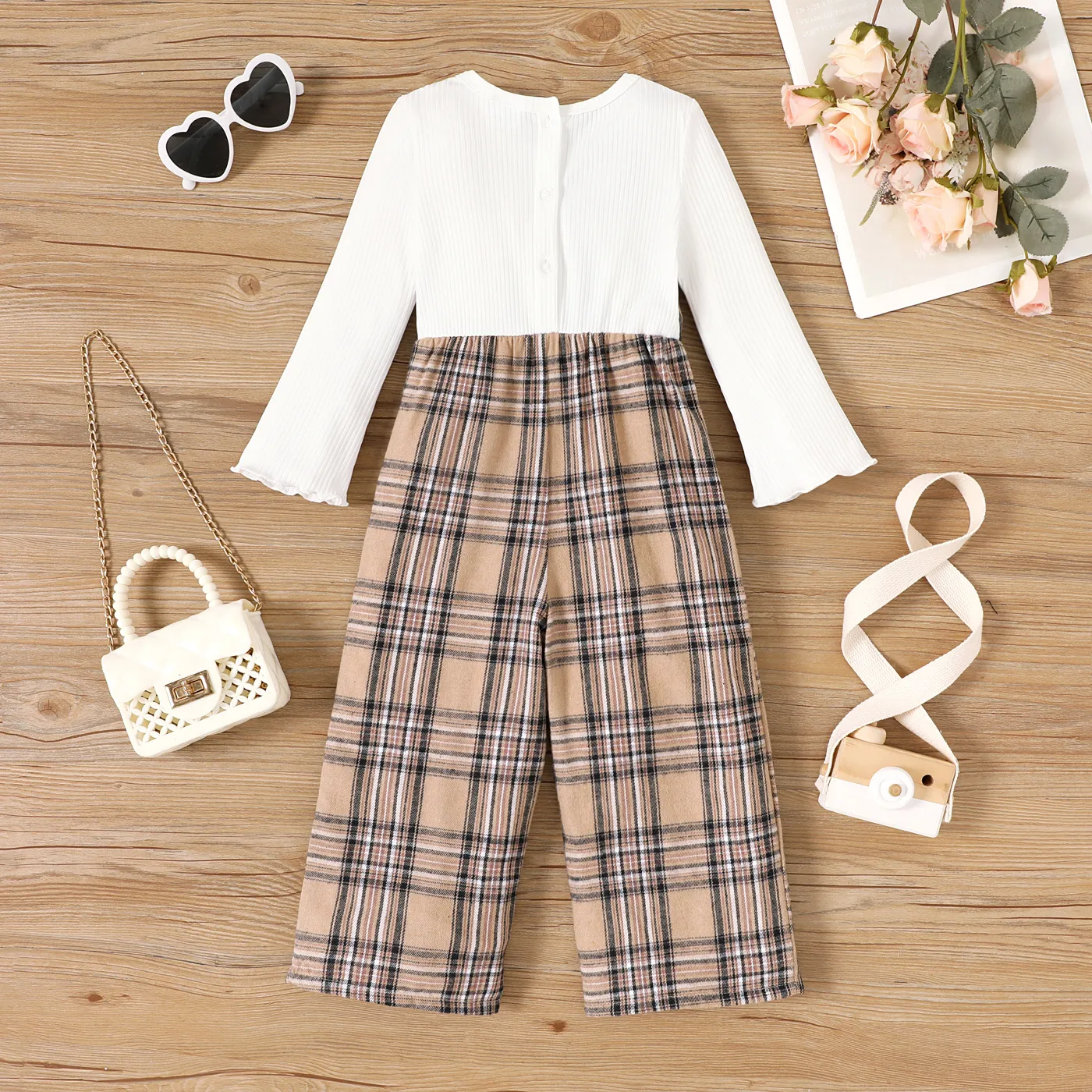Toddler Girl Ribbed Plaid Bow Decor Long-sleeve Jumpsuit  image 2