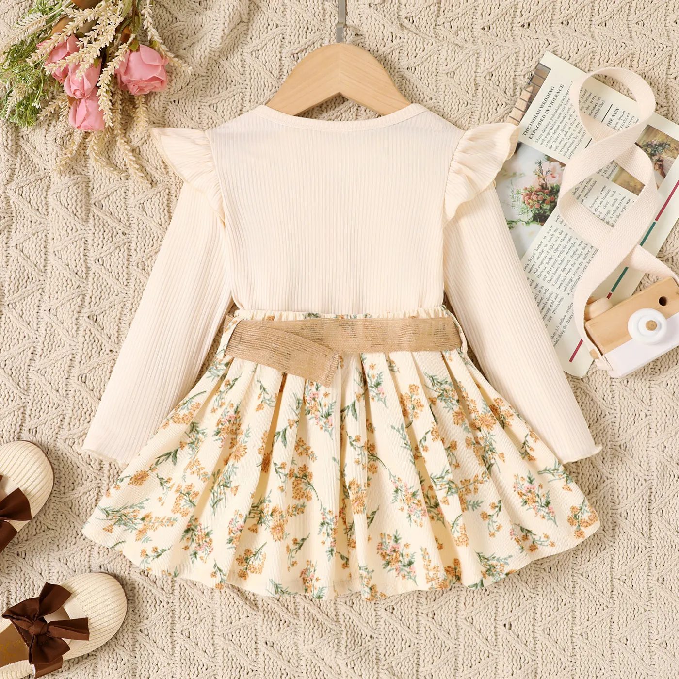 2pcs Toddler Girl Ribbed Ruffle Long-sleeve Solid Top and Belted Allover Floral Print Skirt Set Apricot image 2
