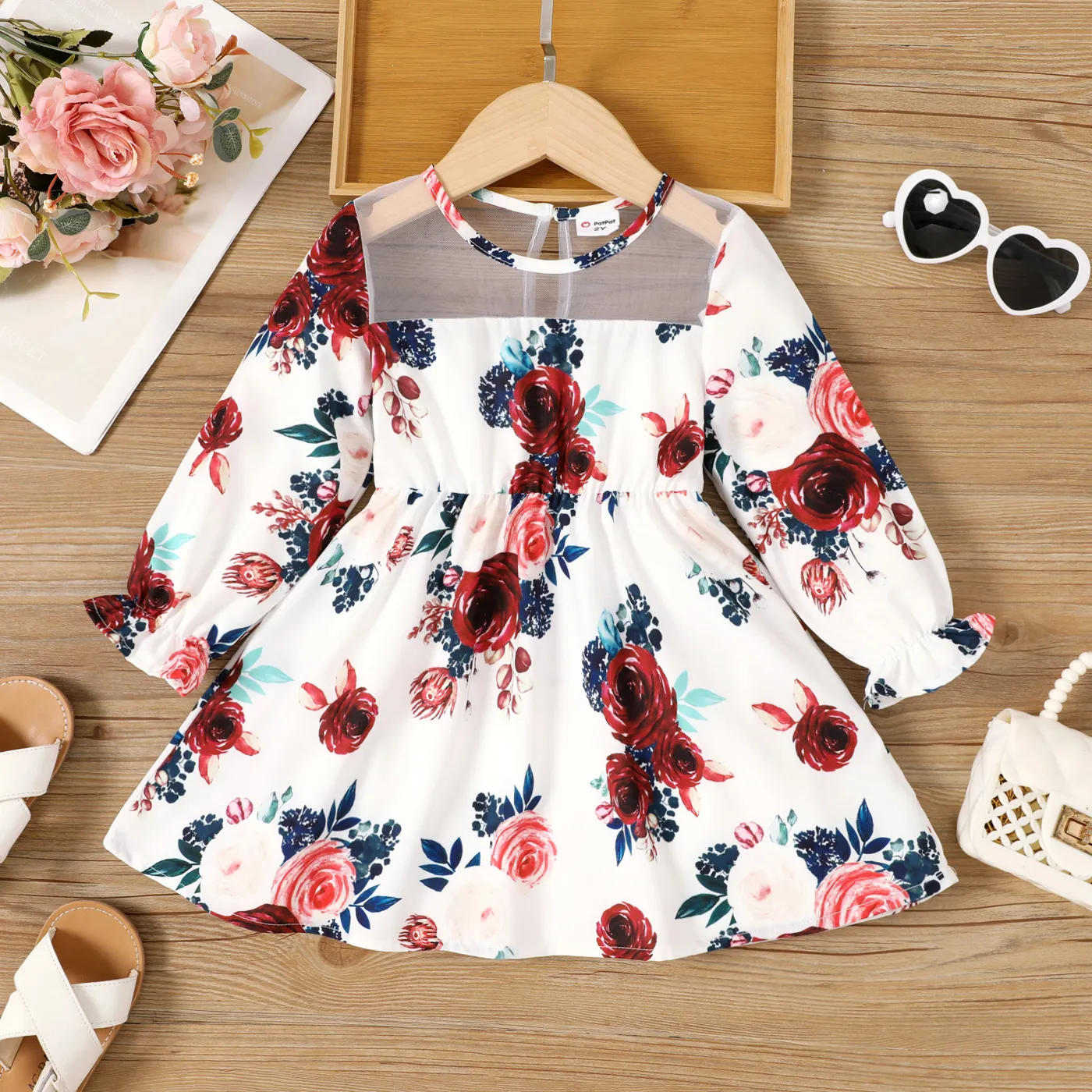 Toddler Girl Sweet Fabric Stitching and Big Flower Pattern Dress  White big image 1
