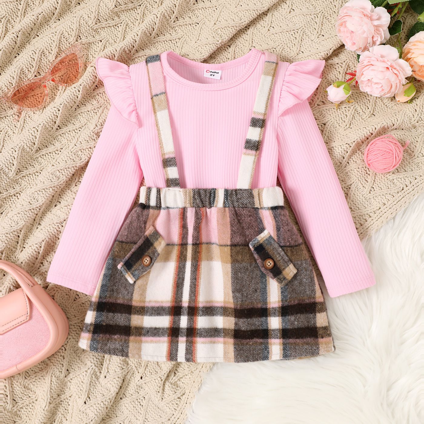 

2pcs Toddler Girl Sweet Flutter Sleeve Grid Dress Suit