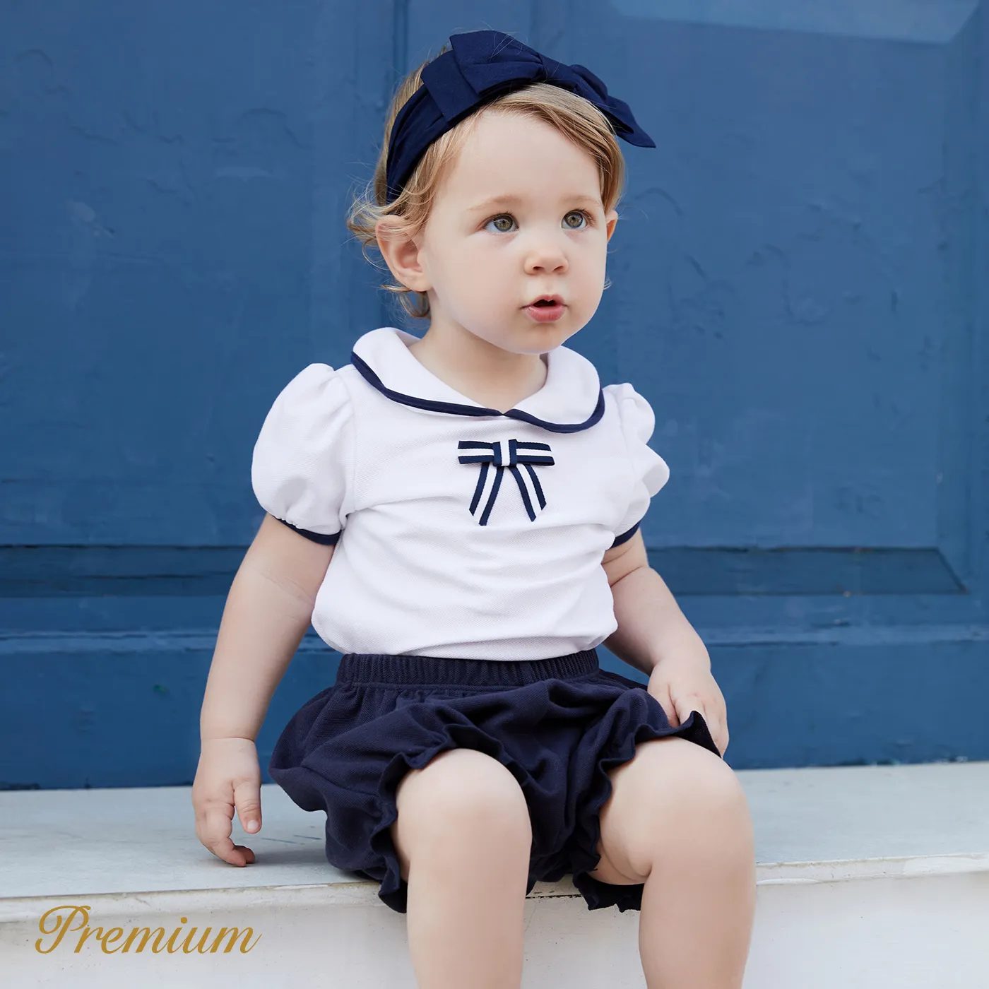 2pcs Baby Girl Bow Tie Decor Doll Collar Short-sleeve Top and Solid Shorts Set