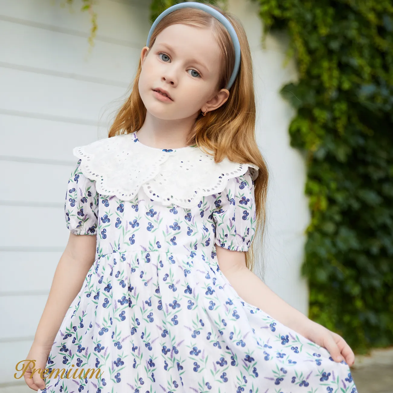Toddler Girl 100% Cotton Floral Print or Solid Statement Collar Puff-sleeve Dress White big image 1