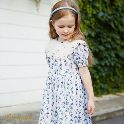 Toddler Girl 100% Cotton Floral Print or Solid Statement Collar Puff-sleeve Dress