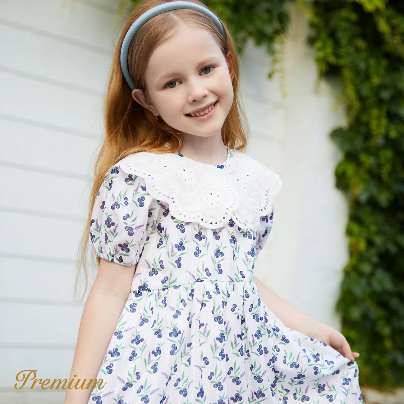 Toddler Girl 100% Cotton Floral Print or Solid Statement Collar Puff-sleeve Dress White big image 1
