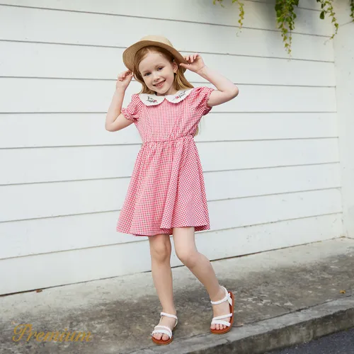 Kid Girl Strawberry Embroidered Doll Collar Short-sleeve Plaid Dress