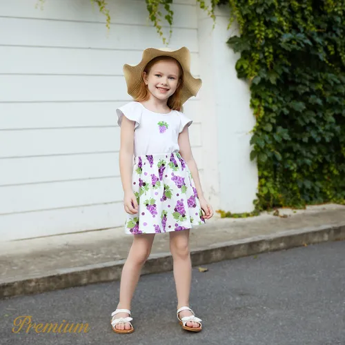 2pcs Kid Girl Grape Embroidered Flutter-sleeve Top and Naia™ Grape Print Skirt Set
