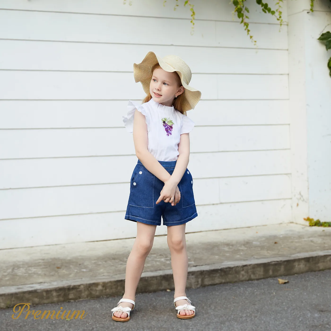 2pcs Kid Girl 100% Cotton Grape Graphic Ruffled Top and Solid Shorts Set  image 3