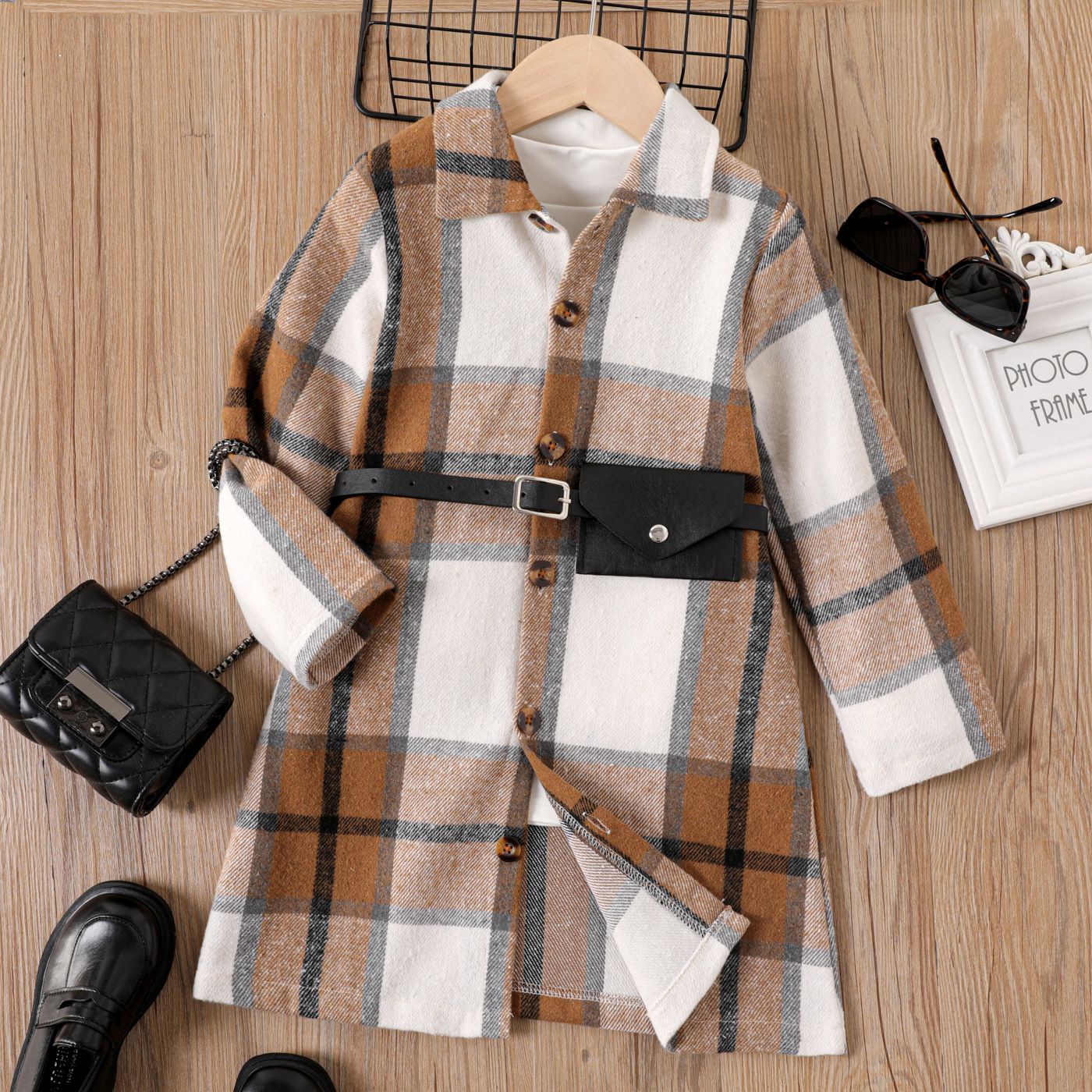 

2pcs Kid Girl Buttons Front Plaid Lapel Collar Long-sleeve Coat and Belt Bag Set