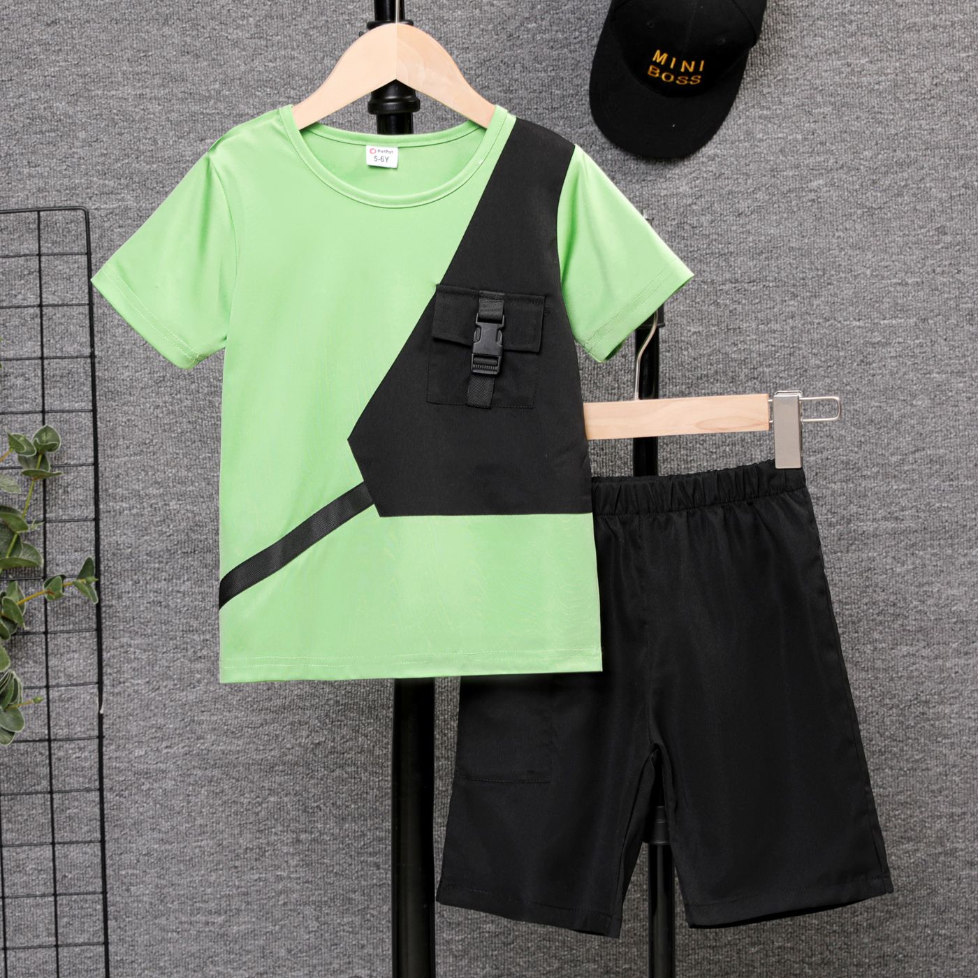 2pcs Kid Boy Patch Pocket Short-sleeve Tee And Solid Shorts Set