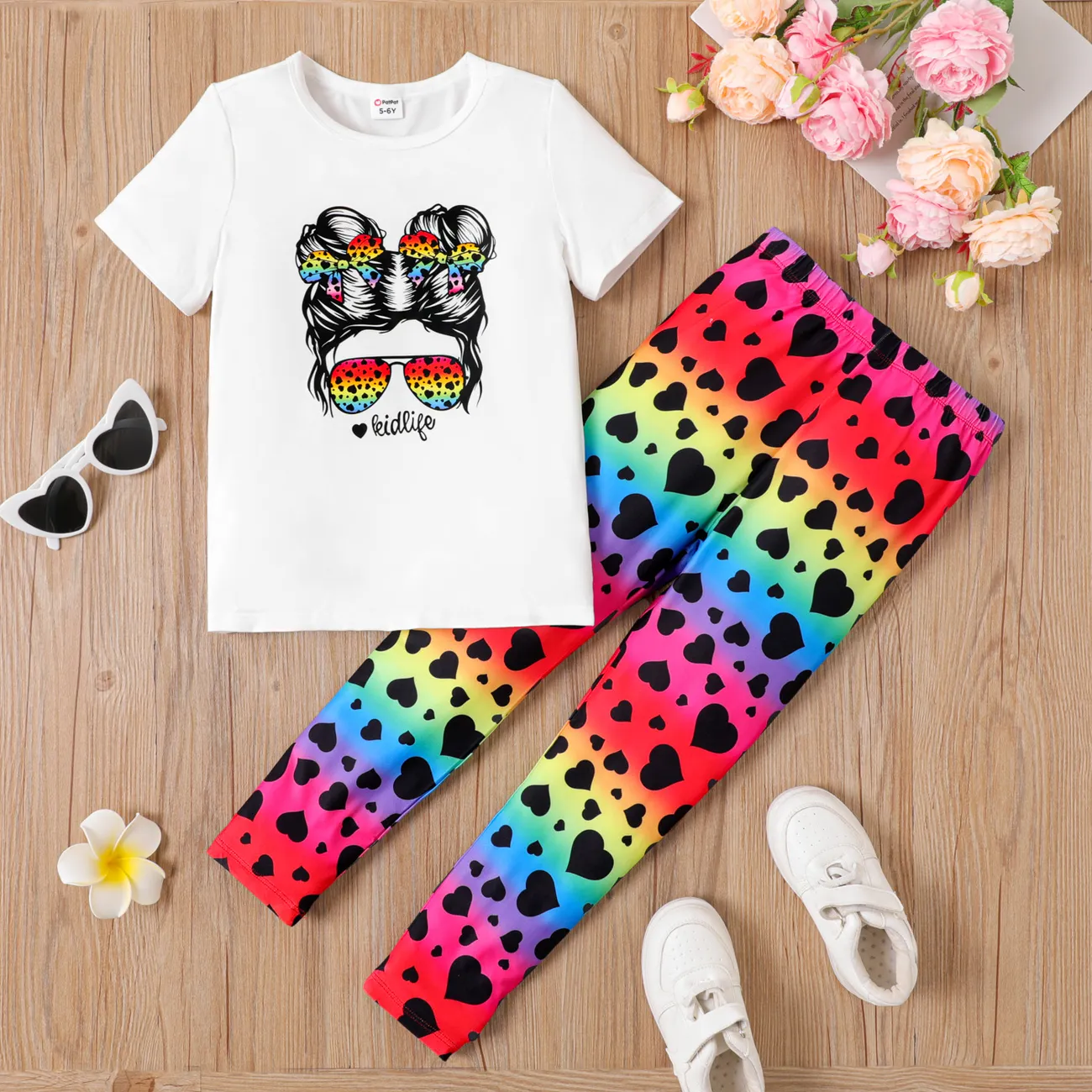 2pcs Kid Girl Figure Print Short-sleeve Tee and Heart Print Colorful Pants Set Colorful big image 1