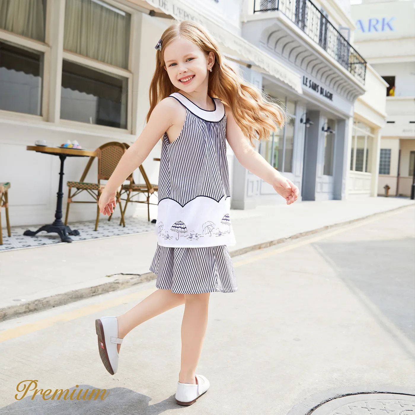 2pcs Kid Girl 100% Cotton Umbrella Sailboat Print Striped Tank Top and Stripe Skirt Set BlackandWhite image 5
