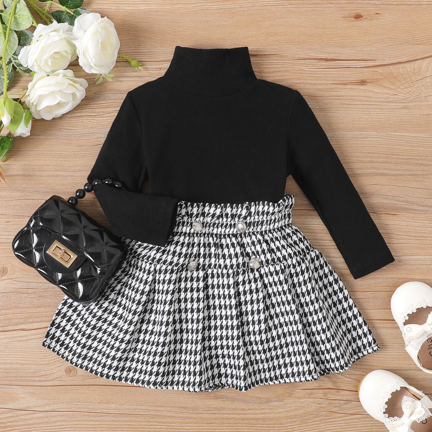 

2pcs Baby Girl Half Turtleneck Rib-knit Top and Houndstooth Skirt Set