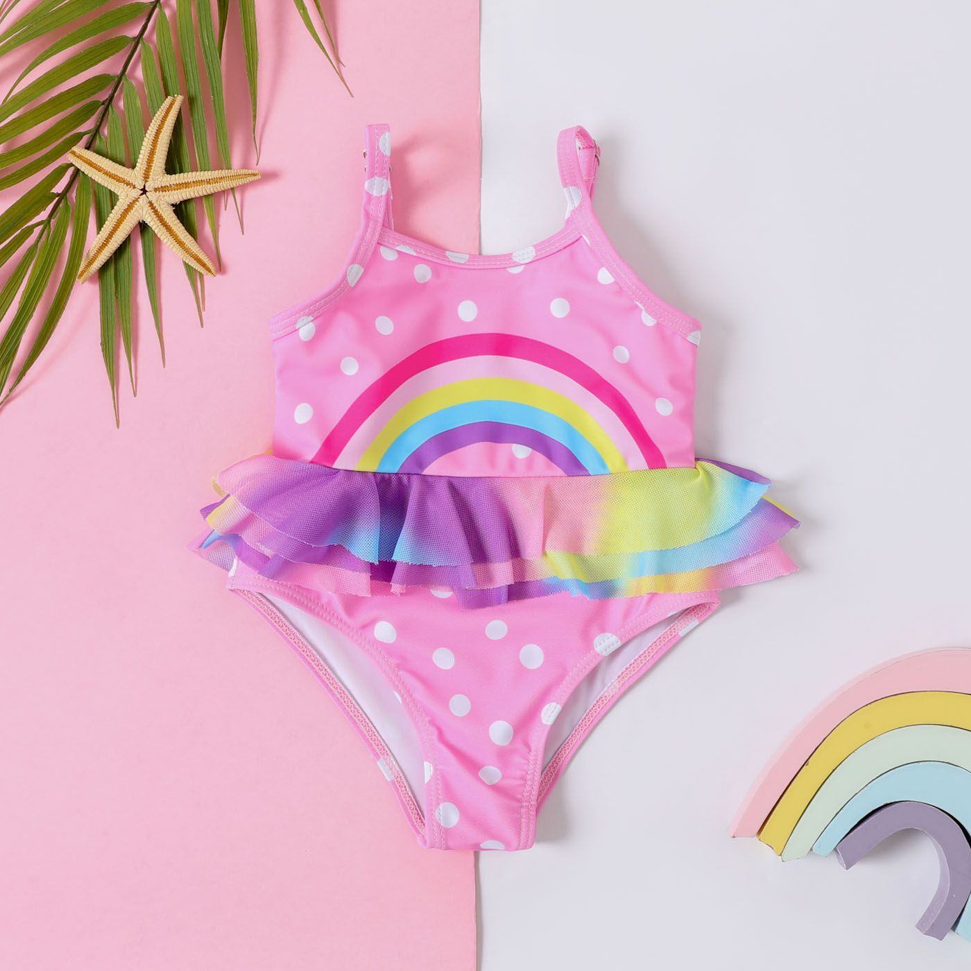 Baby Girl Rainbow Pattern Polka Dots Ruffle Mesh Slip One-piece Swimsuit