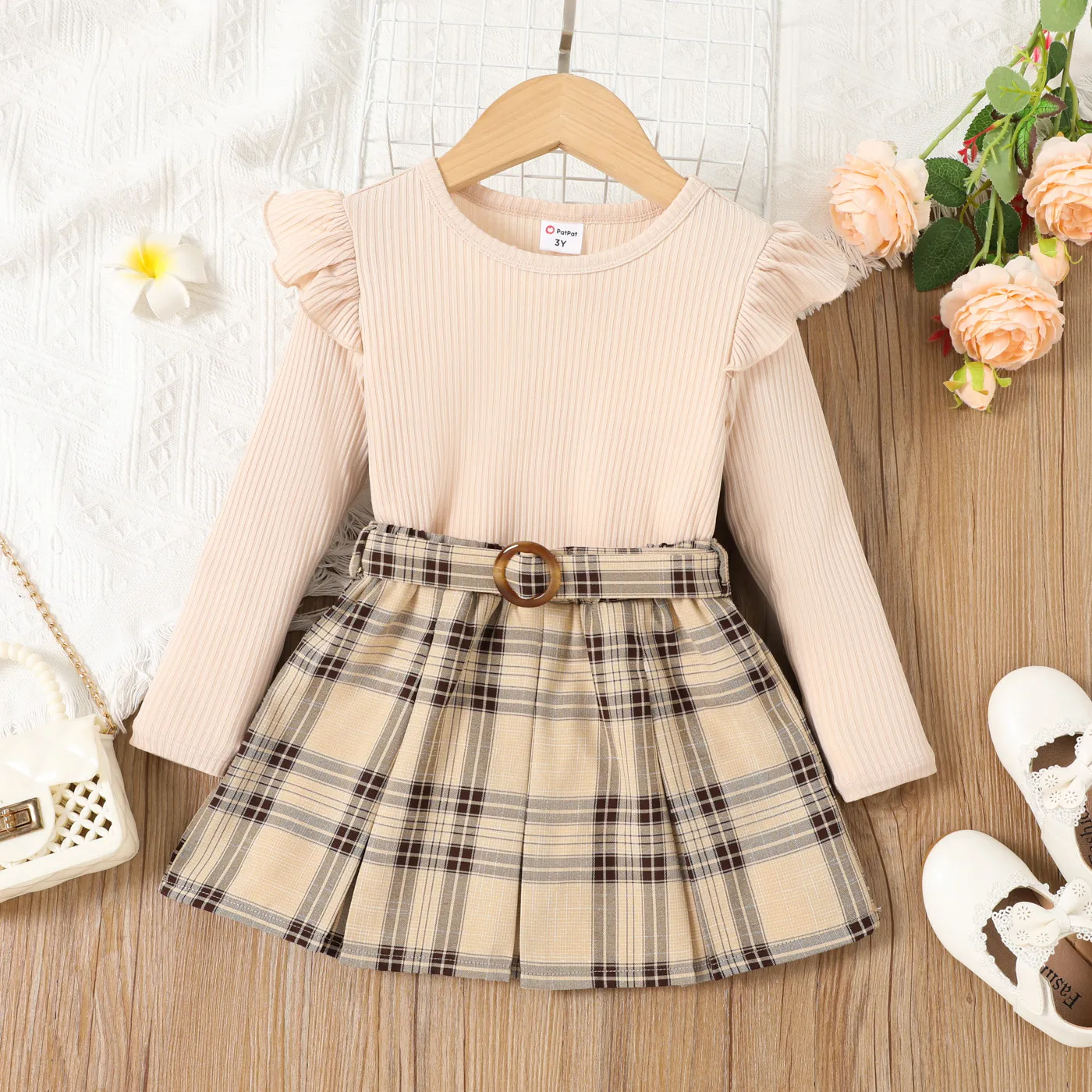 

3pcs Toddler Girl Classic Plaid Flutter Sleeve Dress