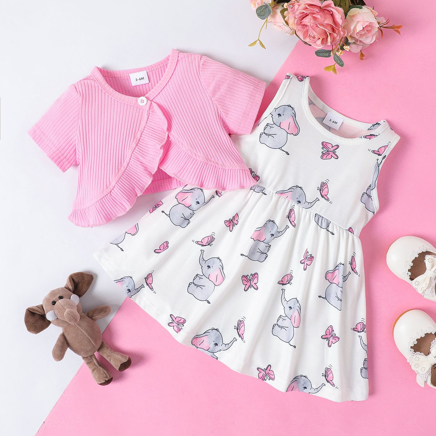 

2pcs Baby Girl Ribbed Ruffle Solid Short-sleeve Top and Allover Elephants Print Dress Set