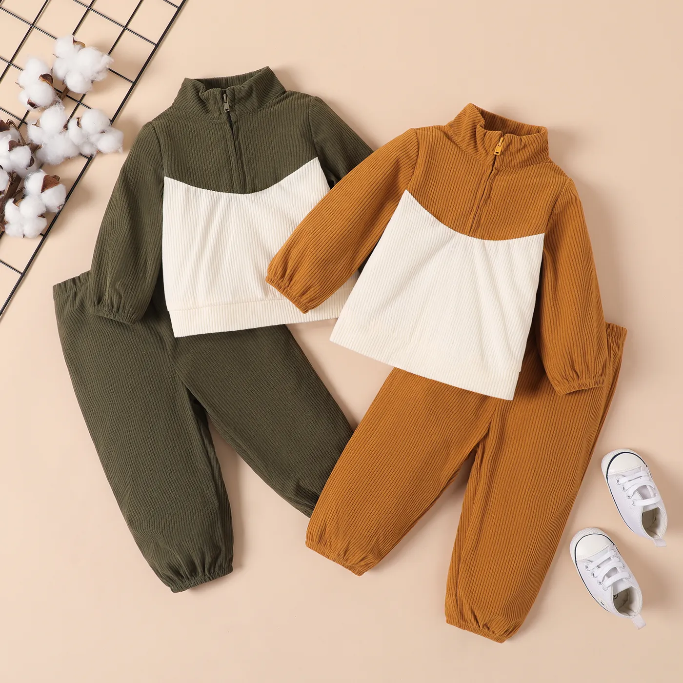 2pcs Baby Boy Ribbed Zipper Long-sleeve Coat and Solid Pants Set