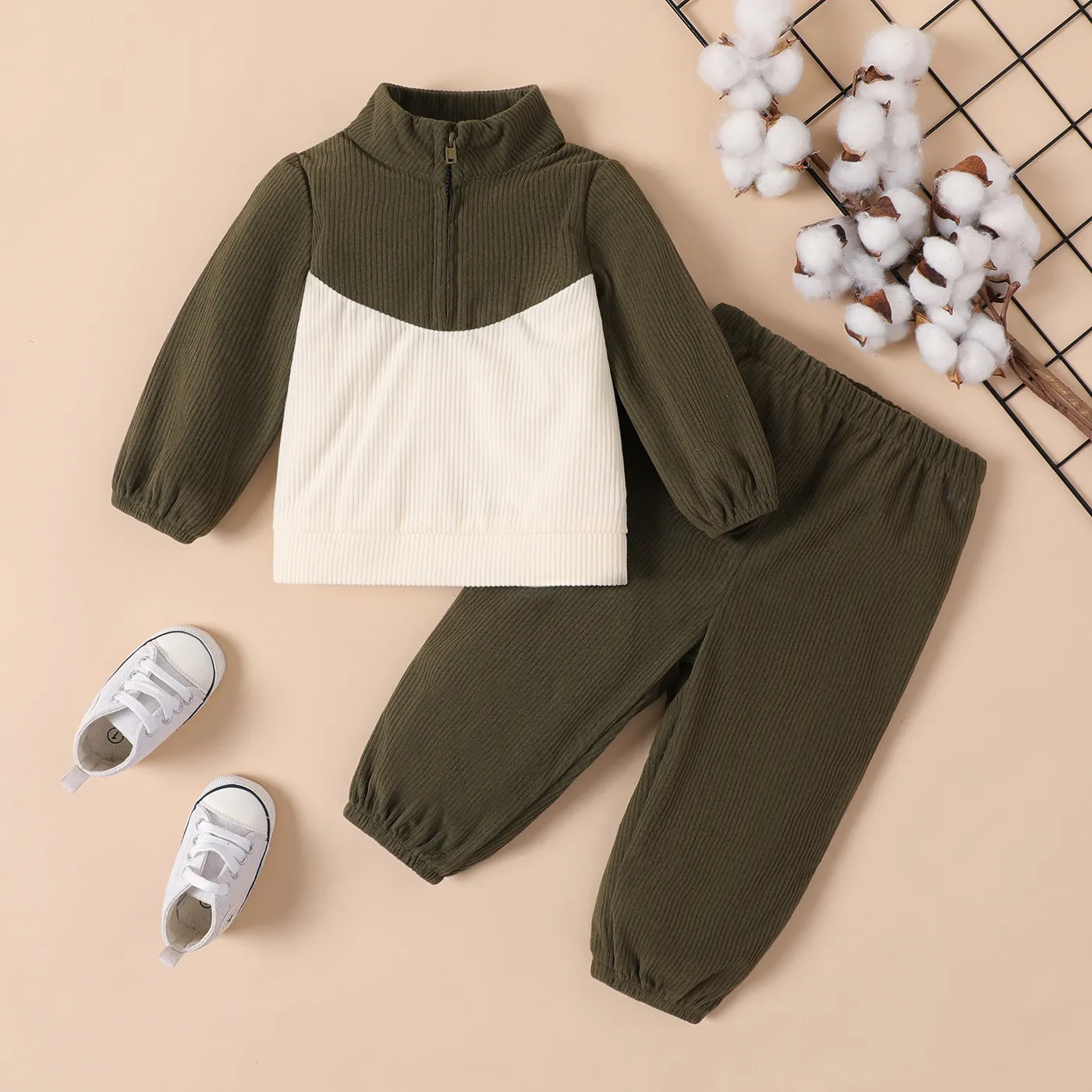 2pcs Baby Boy Ribbed Zipper Long-sleeve Coat and Solid Pants Set Army green