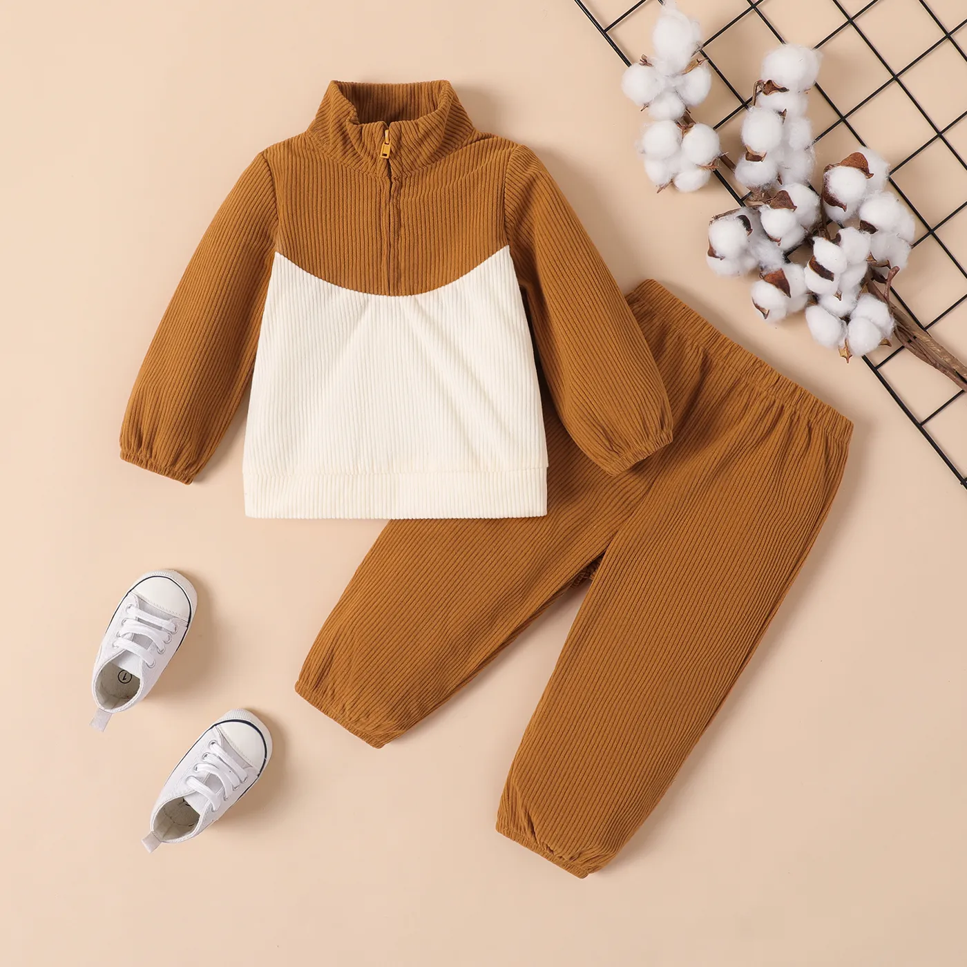 2pcs Baby Boy Ribbed Zipper Long-sleeve Coat and Solid Pants Set  big image 1