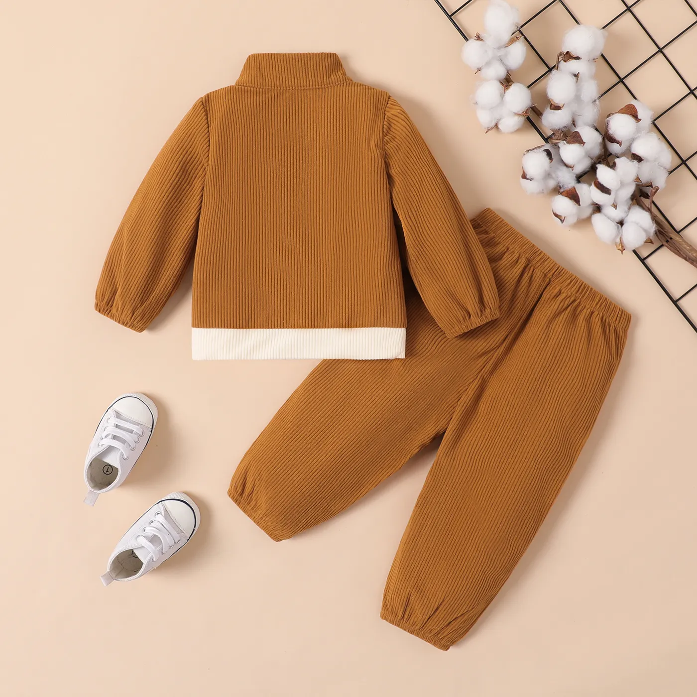 2pcs Baby Boy Ribbed Zipper Long-sleeve Coat and Solid Pants Set  image 2