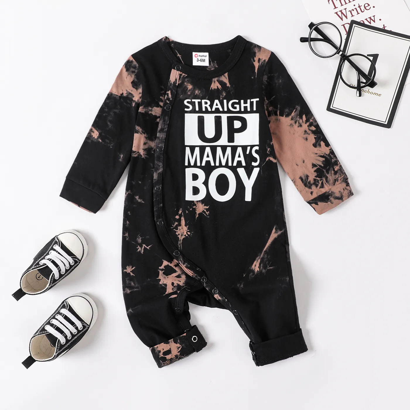 100% Cotton Baby Boy Letter Print Long-sleeve Jumpsuit   Black big image 1