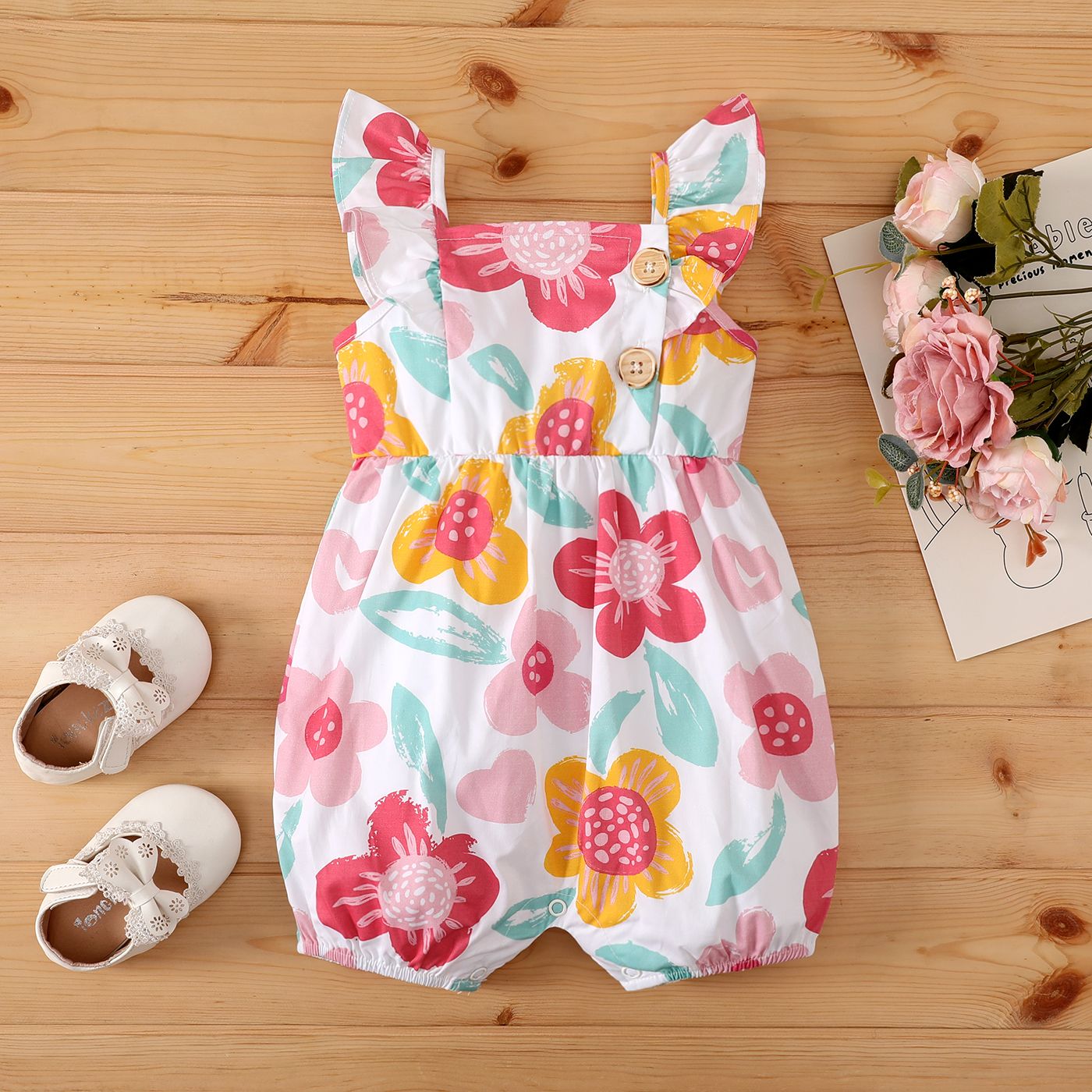 

Baby Girl 100% Cotton Buttons Ruffle Allover Floral Print Bodysuit