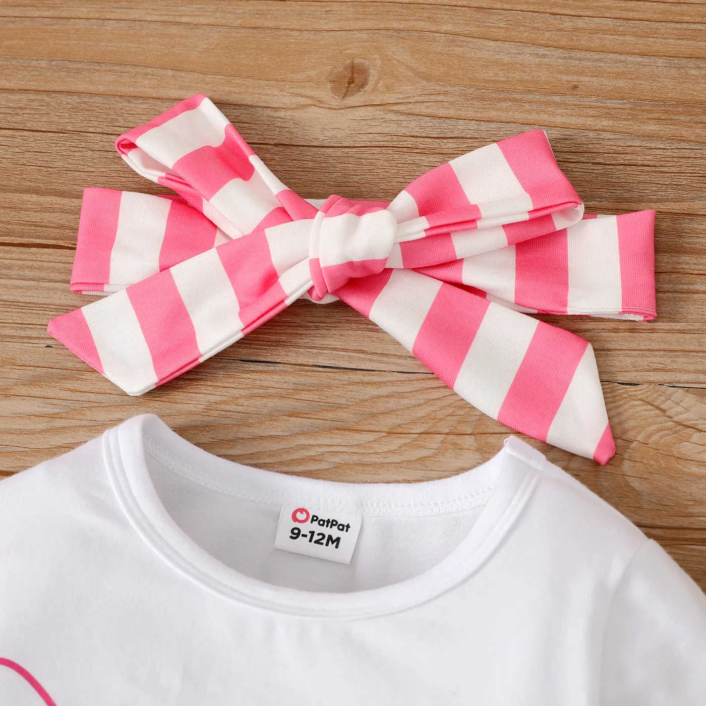 3pcs Baby Girl Rabbit Graphic Bell Sleeves Onesies & Stripe Flared Pants & Headband Set Pink image 3