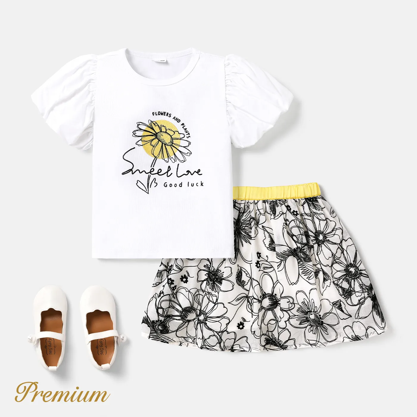 2pcs Toddler Girl Floral Graphic Puff-sleeve Top and Sketch Floral Graphic Skirt Set
