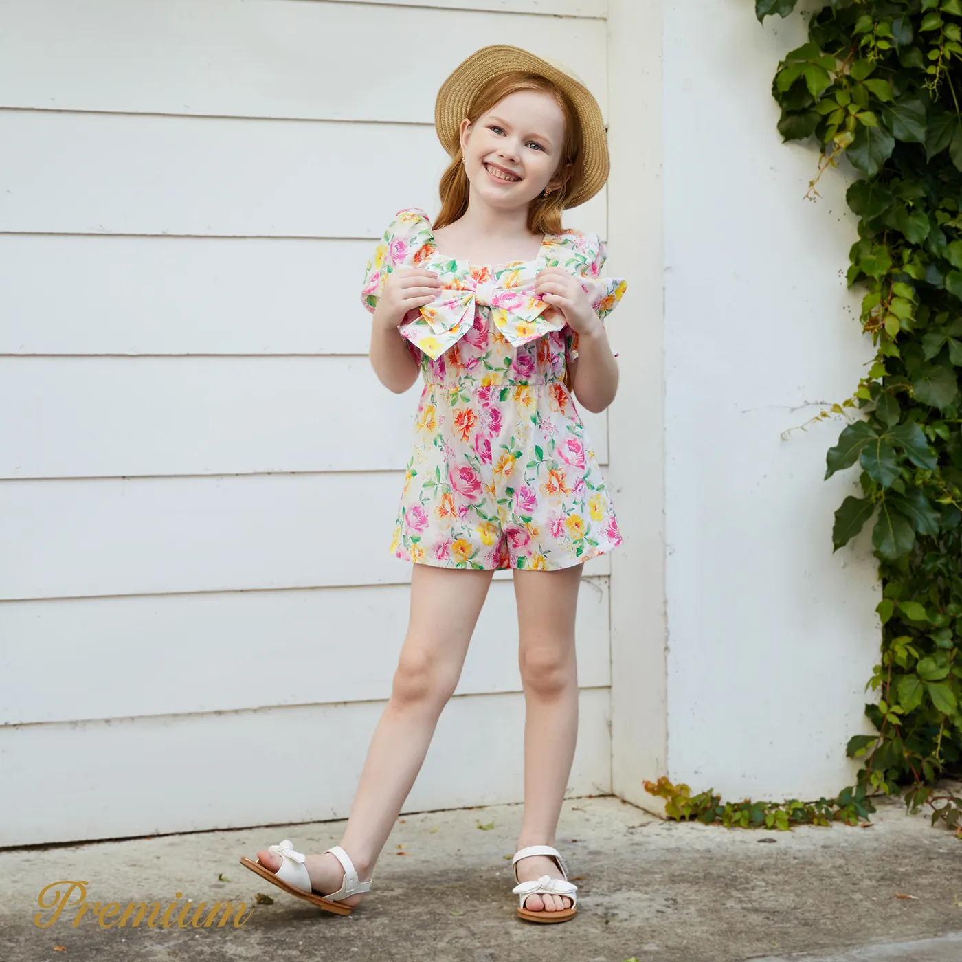 Toddler Girl 100% Cotton Allover Floral Print Bow Front Romper Colorful image 2