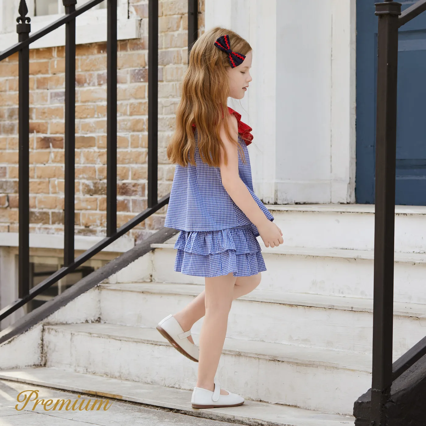 2pcs Toddler Girl 100% Cotton Anchor Embroidered Ruffle Collar Plaid Tank Top and Layered Plaid Skirt Set PLAID image 3