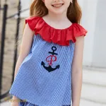 2pcs Toddler Girl 100% Cotton Anchor Embroidered Ruffle Collar Plaid Tank Top and Layered Plaid Skirt Set PLAID image 5
