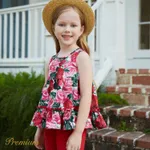 2pcs Toddler Girl Red Floral Print Ruffle Hem Tank Top and 100% Cotton Shorts Set  image 2