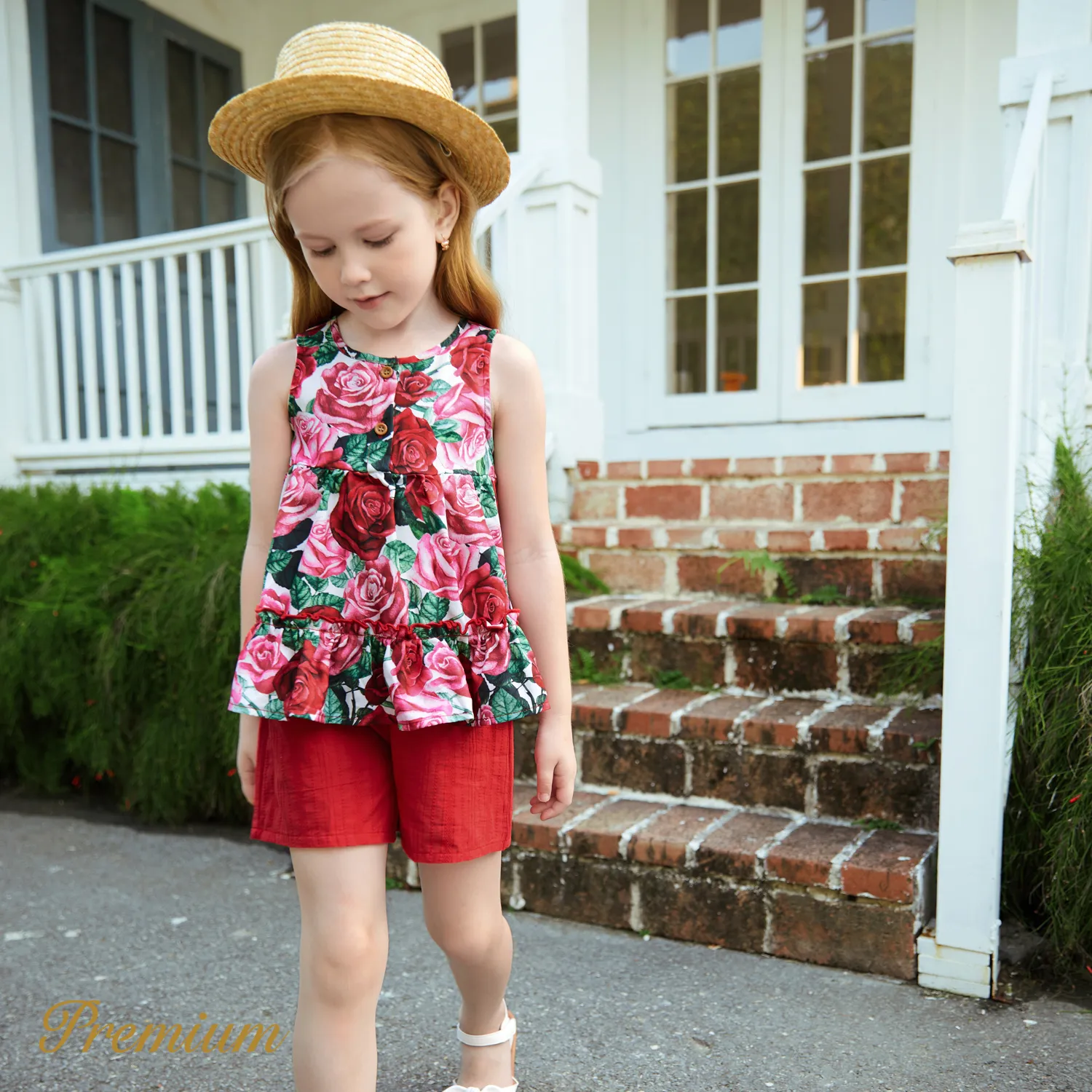 2pcs Toddler Girl Red Floral Print Ruffle Hem Tank Top and 100% Cotton Shorts Set  image 4